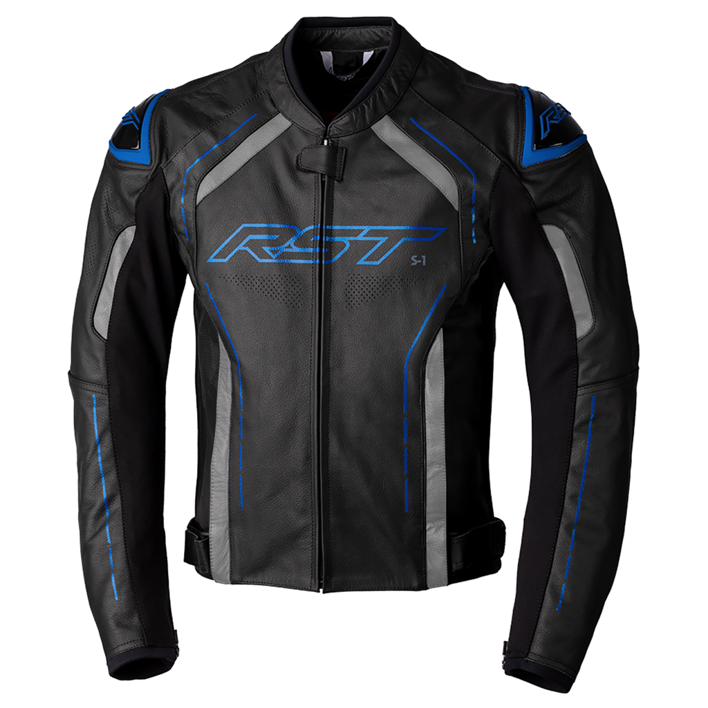S1 CE Mens Leather Jacket - Black / Grey / Neon Blue