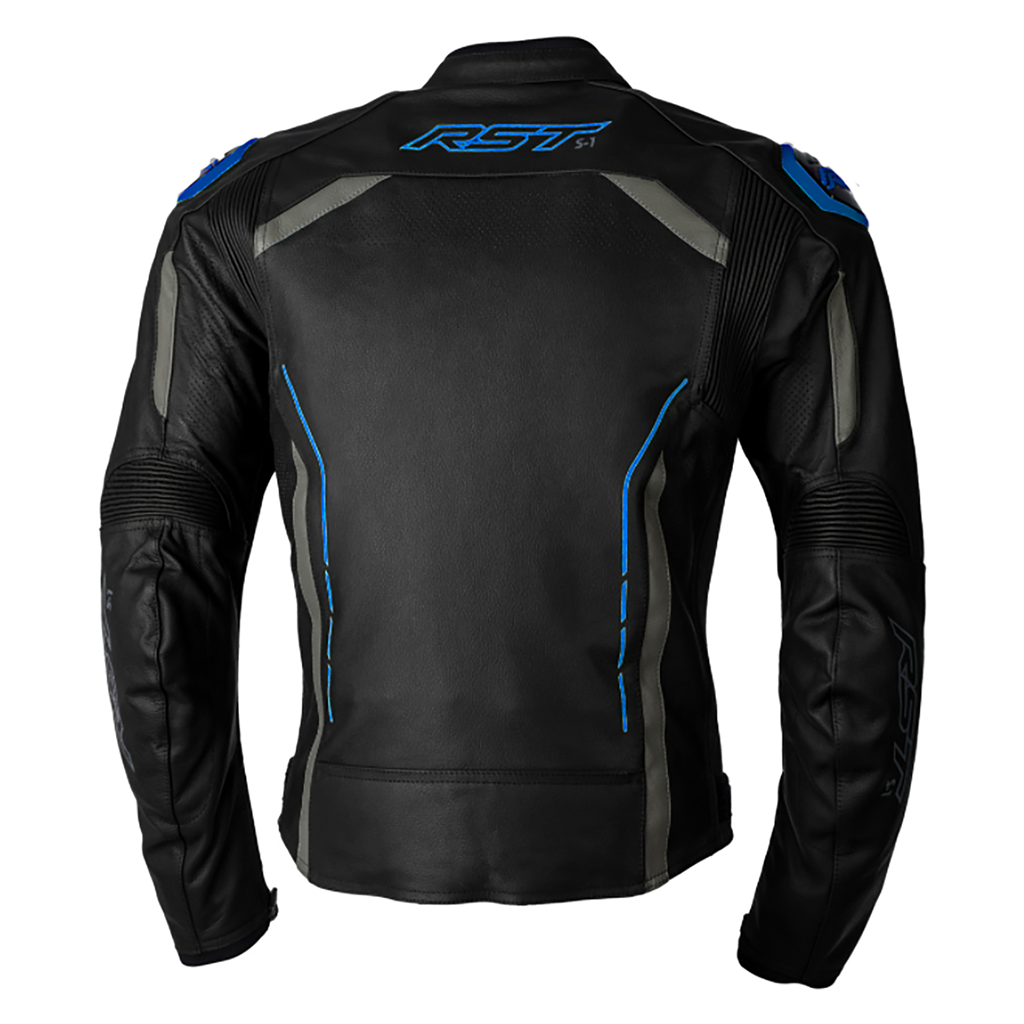 S1 CE Mens Leather Jacket - Black / Grey / Neon Blue