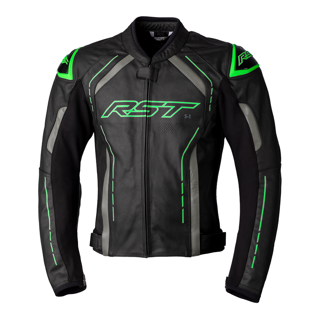 S1 CE Mens Leather Jacket - Black / Grey / Neon Green