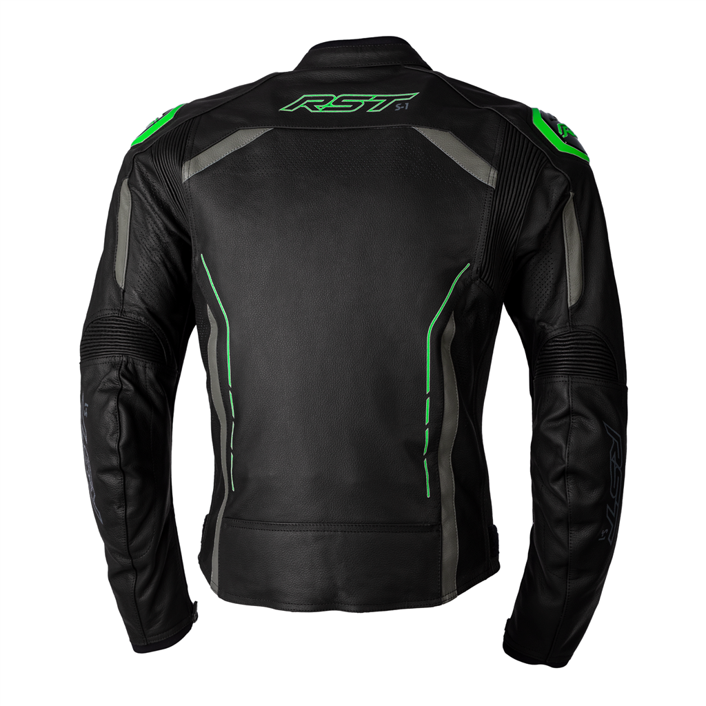 S1 CE Mens Leather Jacket - Black / Grey / Neon Green
