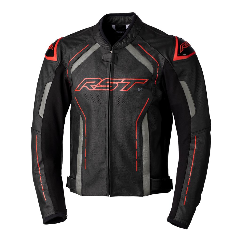 S1 CE Mens Leather Jacket - Black / Grey / Red
