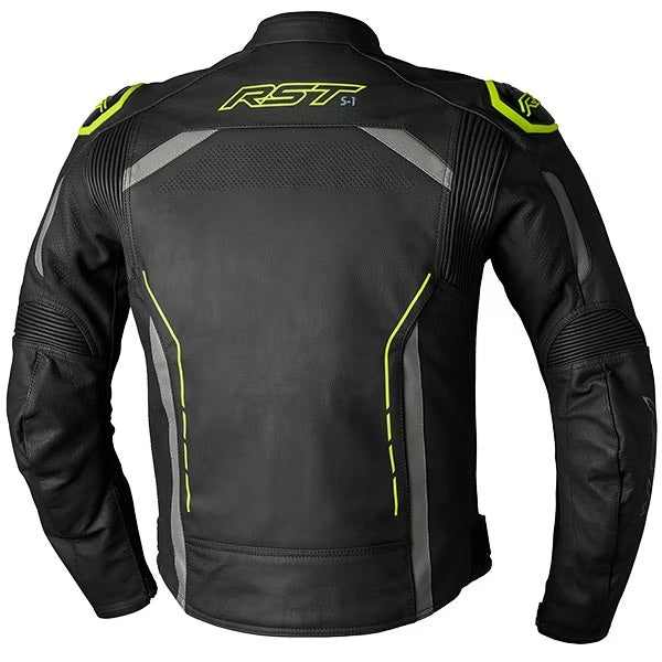 S1 CE Mens Leather Jacket - Black / Grey / Flo Yellow