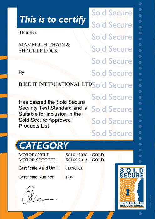Mammoth Sold Secure Gold Approved 12mm x 1.2m Square Chain With Shackle Lock