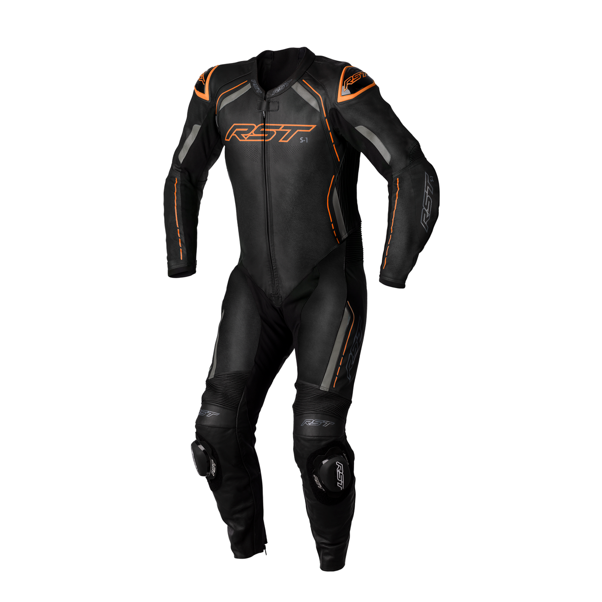 S1 CE Mens Leather Suit - Black / Grey / Neon Orange