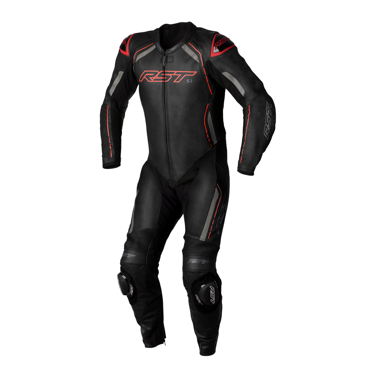 S1 CE Mens Leather Suit - Black / Grey / Red