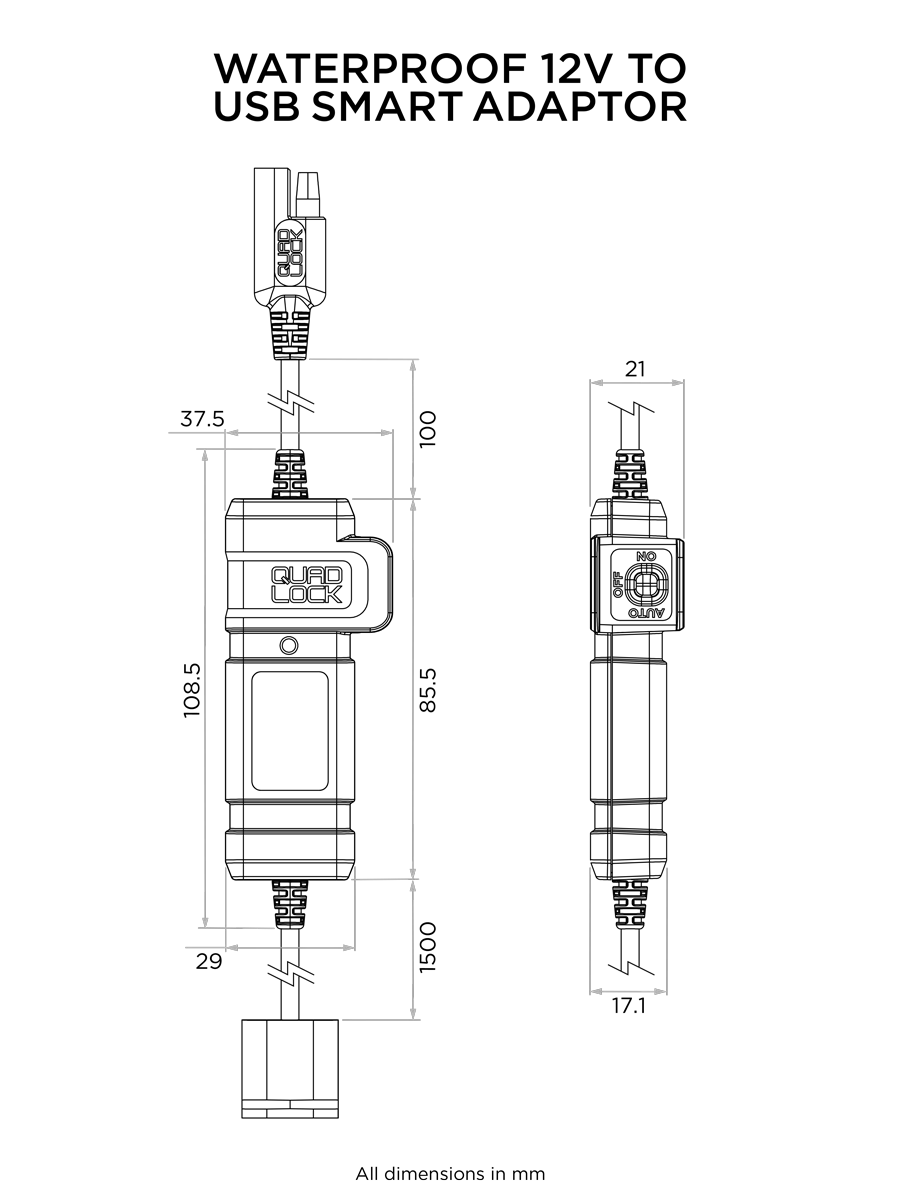 Quad Lock - Motorcycle - Waterproof 12V To USB Smart Adaptor